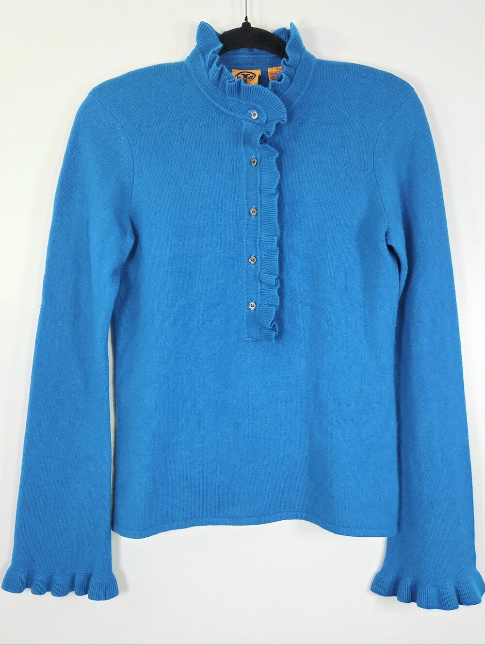 TORY BURCH 100% CASHMERE RUFFLE NECK BELL SLEEVE SWEATER. - Picture 1 of 6